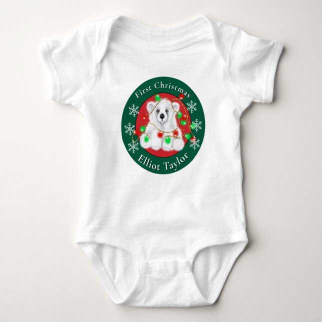 Christmas cute polar bear cub red green lights  baby bodysuit (Front)