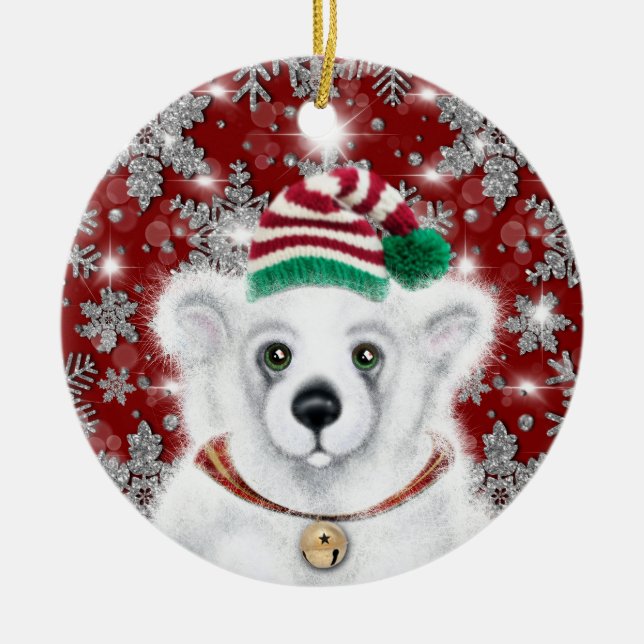 Christmas cute polar bear cub, Santa bear cub  Ceramic Ornament (Front)