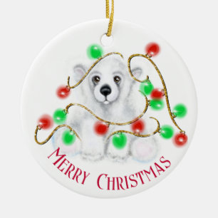 Christmas cute polar bear cub, Santa bear cub Ceramic Ornament