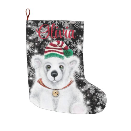 Christmas cute polar bear cub Santa bear cub  Large Christmas Stocking