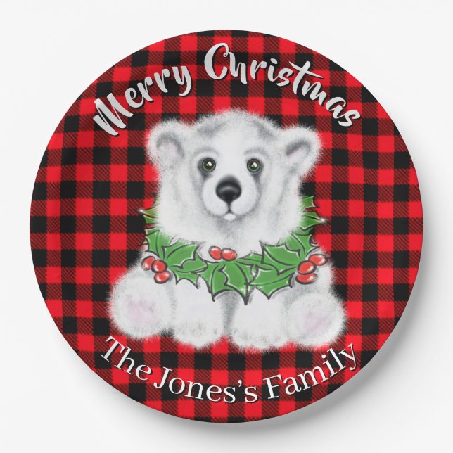 Christmas cute polar bear cub, Santa bear cub  Paper Plates (Front)