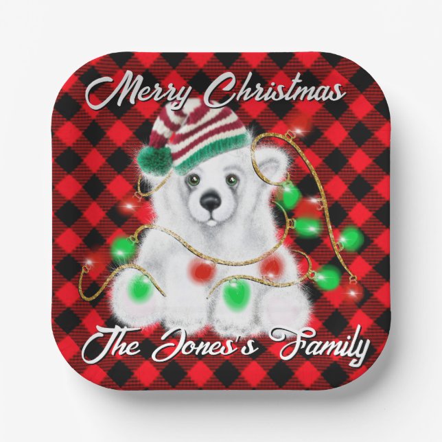 Christmas cute polar bear cub, Santa bear cub  Paper Plates (Front)
