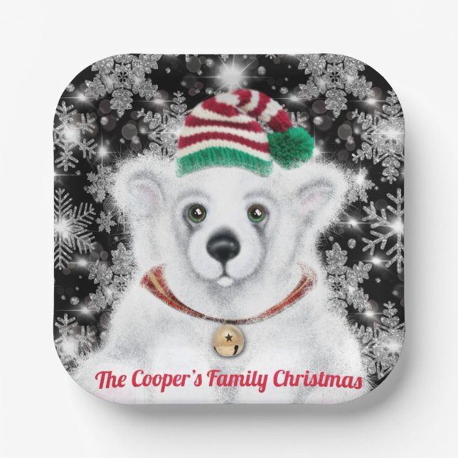 Christmas cute polar bear cub, Santa bear cub  Paper Plates (Front)