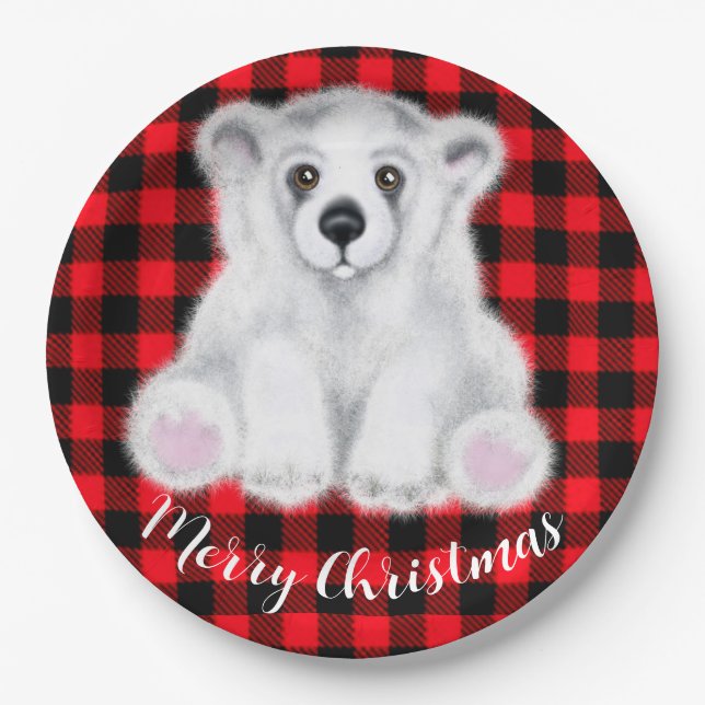 Christmas cute polar bear cub, Santa bear cub     Paper Plates (Front)