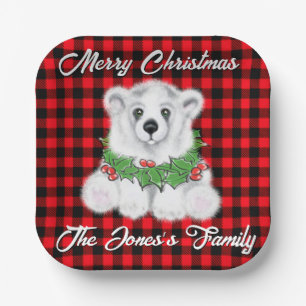 Christmas cute polar bear cub, Santa bear cub Paper Plates