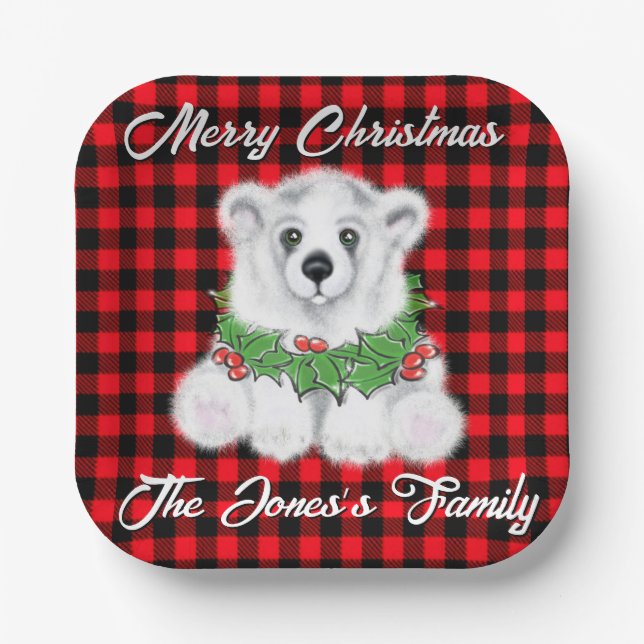 Christmas cute polar bear cub, Santa bear cub  Paper Plates (Front)