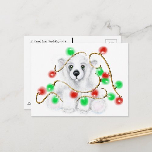 Christmas cute polar bear cub Santa bear cub  Postcard