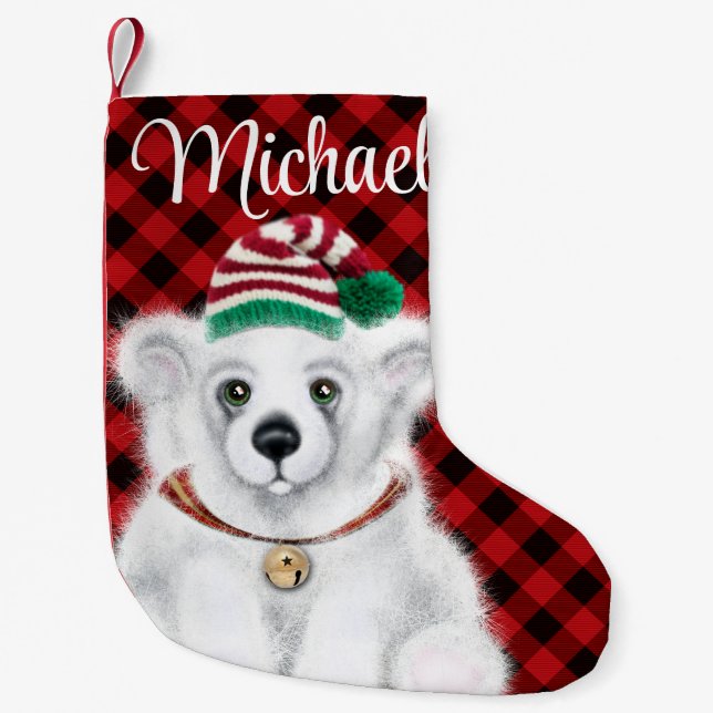 Christmas cute polar bear cub, Santa bear cub  Small Christmas Stocking (Front)