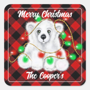 Christmas cute polar bear cub, Santa bear cub Square Sticker
