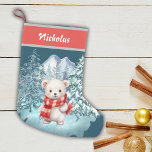 Christmas Cute Polar Bear In Winter Onederland Small Christmas Stocking<br><div class="desc">Personalized Winter Magic for Your Mantel – Celebrate the season with this enchanting "Winter ONEderland" Christmas stocking! With a gentle polar bear and a serene snowy backdrop of mountains and frosted trees, this stocking brings the tranquility of winter right into your home. Add your loved one’s name in the banner...</div>