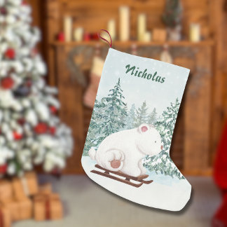 Christmas Cute Polar Bear on Sleigh in Forest Snow Small Christmas Stocking