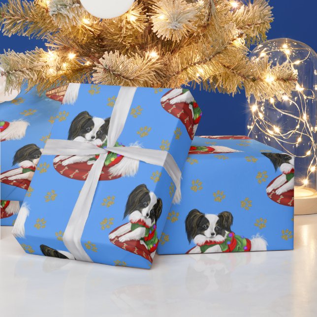 Christmas Cute Puppy Papillon Gold Paws Pattern Wrapping Paper (Holidays)