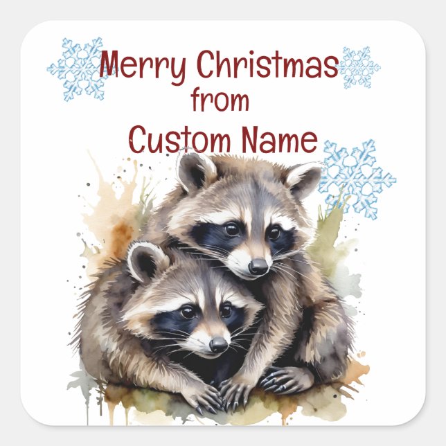 Christmas Cute Raccoon Couple Animal  Customize  Square Sticker (Front)