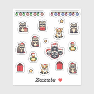 Christmas Cute Raccoons 8bit pixel icons set Sticker