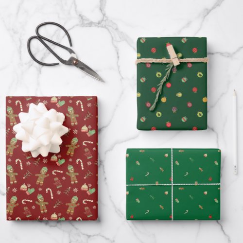 Christmas Cute Red Green Scandi Gingerbread Men Wrapping Paper Sheets