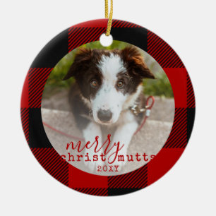 Christmas Cute Red Plaid Pet Dog Photo Ceramic Ornament