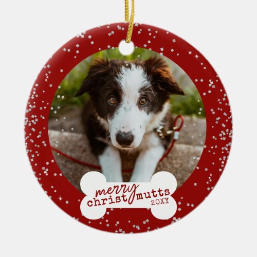 Christmas Cute Red Sparkly Pet Dog Photo  Ceramic Ornament