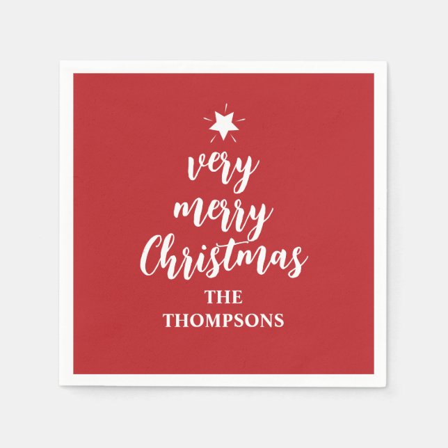 Christmas Cute Red Tree Star Typography Party Napkins (Front)