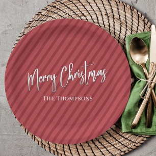 Christmas Cute Red Whimsical Striped Calligraphy Paper Plates