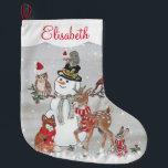 Christmas Cute Reindeer Woodland Animal Snowman Large Christmas Stocking<br><div class="desc">A variety of woodland animals - deer, fox, bunny rabbit, squirrel, owl, bird - wear their bright holiday scarves or Santa hats in a snowy gray setting, while visiting a cheerful snowman. At the top, a white scalloped band highlights a personalization of your choice - easy to do using the...</div>