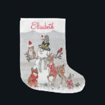 Christmas Cute Reindeer Woodland Animal Snowman Large Christmas Stocking<br><div class="desc">A variety of woodland animals - deer, fox, bunny rabbit, squirrel, owl, bird - wear their bright holiday scarves or Santa hats in a snowy gray setting, while visiting a cheerful snowman. At the top, a white scalloped band highlights a personalization of your choice - easy to do using the...</div>