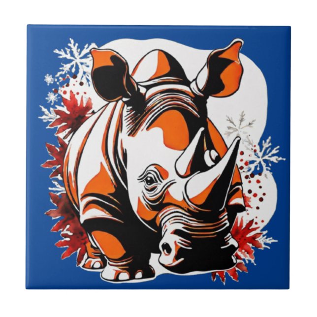 Christmas cute rhino ceramic tile (Front)