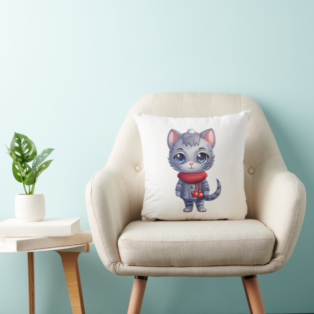 Christmas Cute Russian Blue Cat Throw Pillow (Chair)