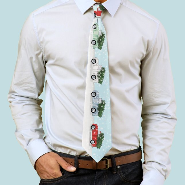 Christmas Cute Rustic Colorful Truck Snowflakes  Neck Tie (Winter red, blue, white and green trucks neck tie. )