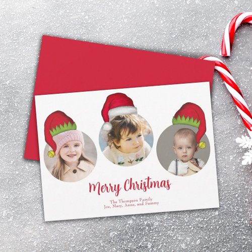 Christmas Cute Santa Elf Funny Whimsical 3 Photo Holiday Card