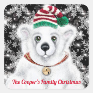 Christmas cute Santa polar bear cub snowflakes Square Sticker