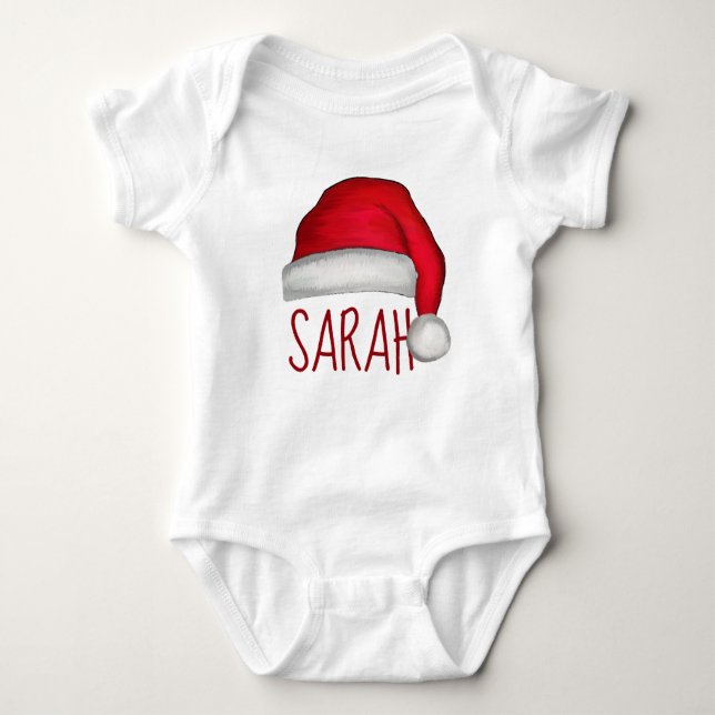 Christmas Cute Santa Red Whimsical Funny Hat Baby Bodysuit (Front)