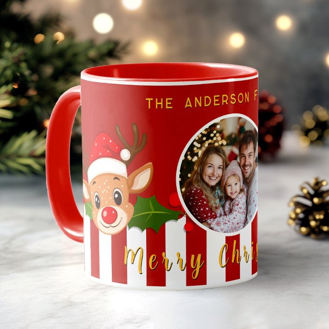 Christmas Cute Santa Reindeer & Holly Family Photo Mug (Christmas Cute Santa Reindeer & Holly Family Photo Mug)
