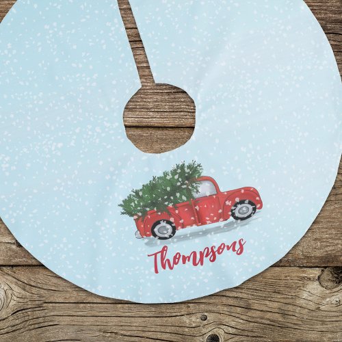 Christmas Cute Script Watercolor Rustic Red Truck Brushed Polyester Tree Skirt