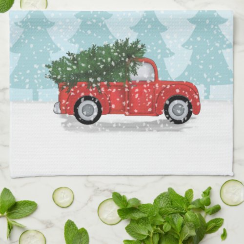 Christmas Cute Script Watercolor Rustic Red Truck Kitchen Towel