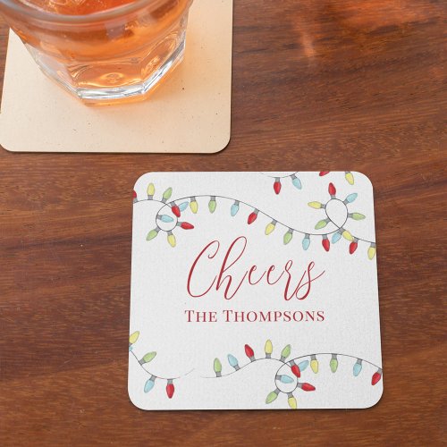 Christmas Cute Simple Colorful String Lights   Square Paper Coaster