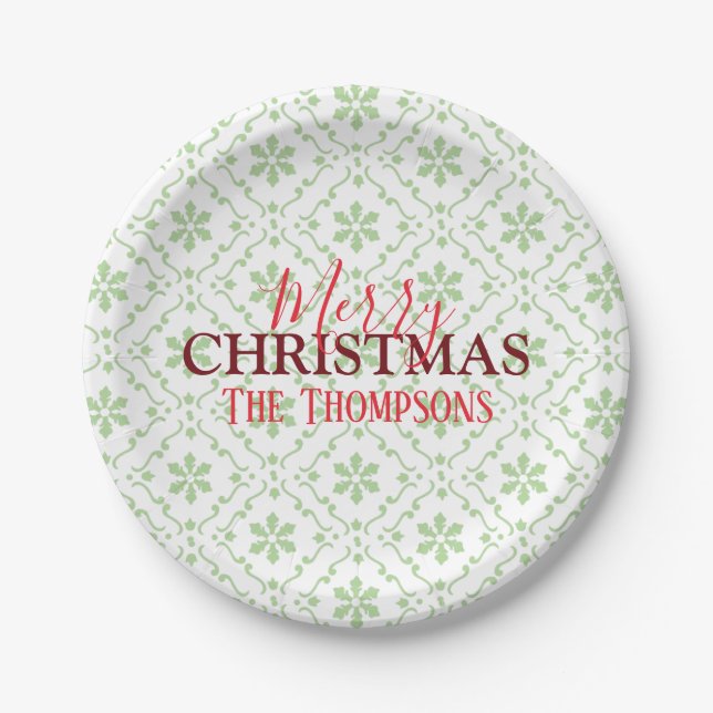 Christmas Cute Simple Green Snowflake Pattern Paper Plates (Front)