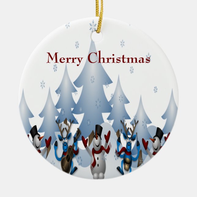 Christmas Cute Snowman and Reindeer Band Ceramic Ornament (Front)