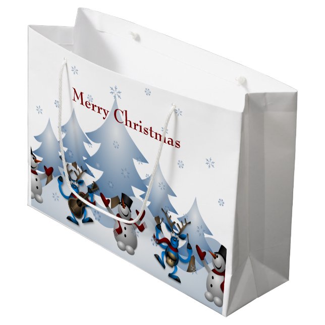Christmas Cute Snowman and Reindeer Band Large Gift Bag (Front Angled)