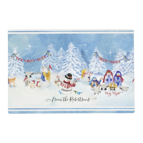 Christmas Cute Snowman Nativity Watercolor Name Placemat