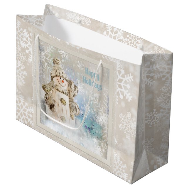 Christmas Cute Snowman with Snowflakes Large Gift Bag (Front Angled)