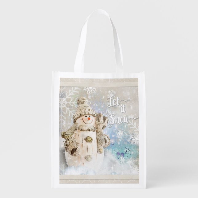 Christmas Cute Snowman with Snowflakes Reusable Grocery Bag (Front)
