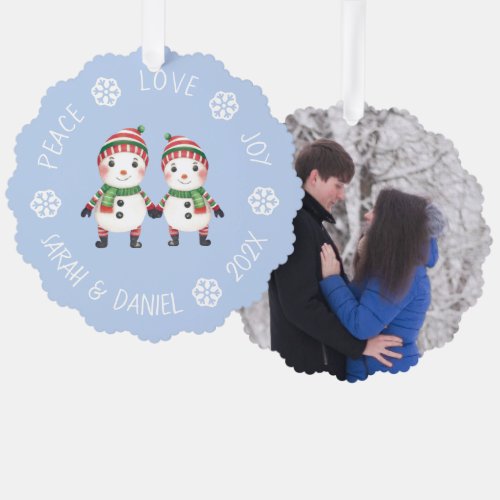 Christmas Cute Snowmen Couple Photo Peace Love Joy Ornament Card