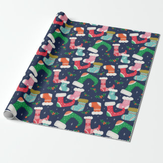 Christmas Cute Stockings Blue Wrapping Paper