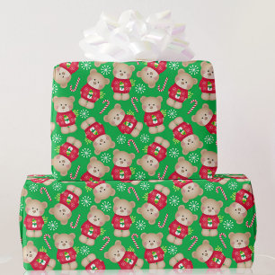 Christmas Cute Teddy Bears Candy Canes Red Green Wrapping Paper
