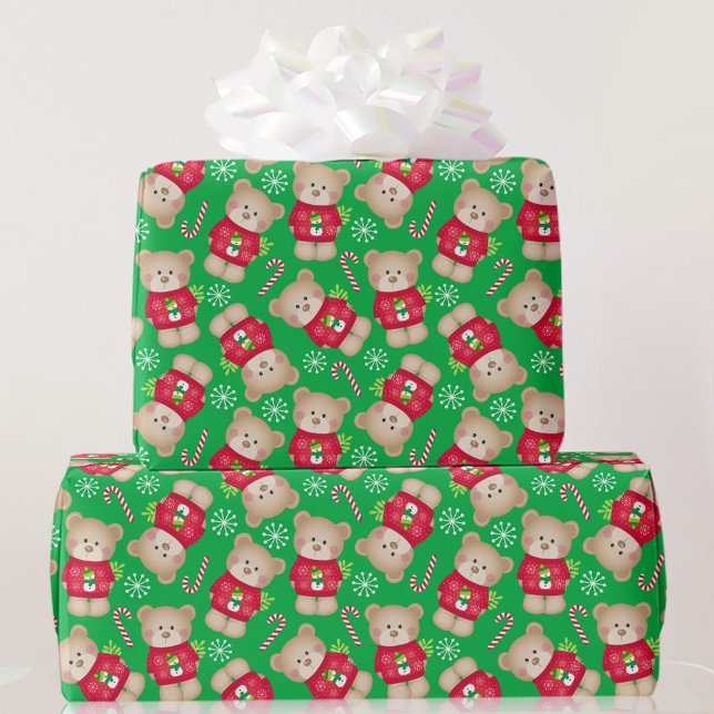 Christmas Cute Teddy Bears Candy Canes Red Green Wrapping Paper (Creator Uploaded)