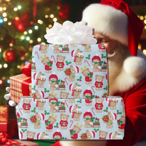 Christmas Cute Teddy Bears Holly Candy Canes Wrapping Paper