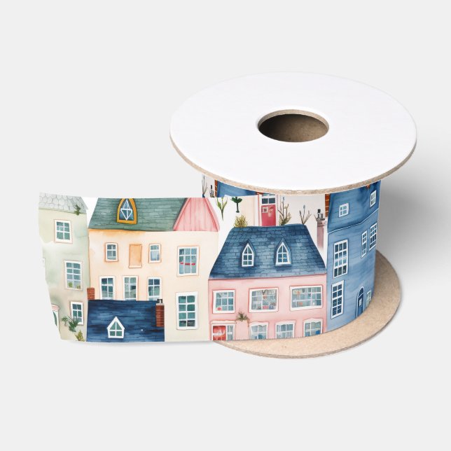 Christmas Cute Watercolor Festive Houses Holiday  Satin Ribbon (Spool)