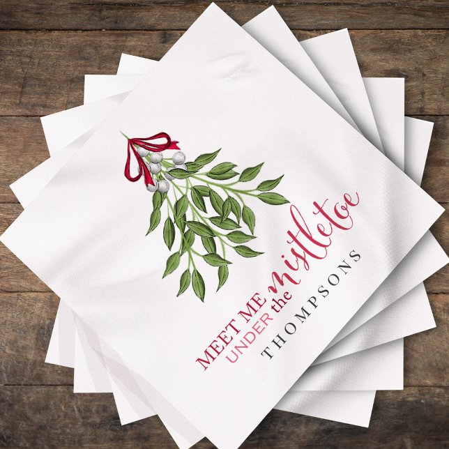 Christmas Cute Watercolor Greenery Mistletoe  Napkins (Christmas merry mistletoe "meet me under the mistletoe" cocktail napkin.)