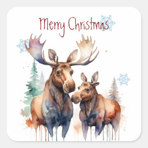 Christmas Cute Watercolor Moose Family Animals  Square Sticker