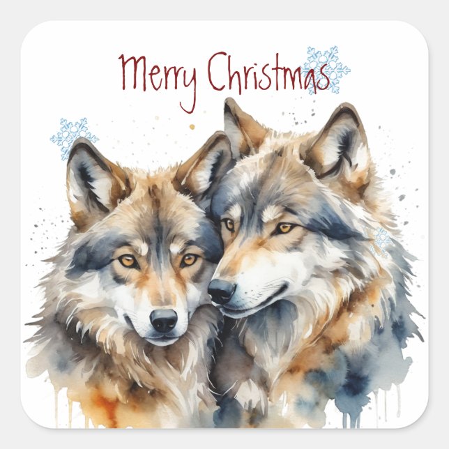 Christmas Cute Watercolor Wolf Wildlife  Square Sticker (Front)